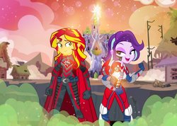 Size: 1024x728 | Tagged: safe, artist:pixelkitties, starlight glimmer, sunset shimmer, human, equestria girls, g4, aj styles, crossover, duo, john cena, twilight's castle, wwe