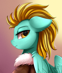 Size: 1722x2003 | Tagged: safe, artist:pridark, lightning dust, pegasus, pony, g4, bust, clothes, female, looking at you, looking back, looking back at you, mare, portrait, solo