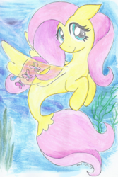 Size: 710x1060 | Tagged: safe, artist:astevenamedwolf, fluttershy, pegasus, pony, seapony (g4), g4, my little pony: the movie, bubble, clothes, coral, dorsal fin, eyelashes, female, fin, fin wings, fins, fish tail, floating, flowing mane, flowing tail, green eyes, lidded eyes, looking at you, mare, ocean, open mouth, open smile, pink mane, pink tail, scales, seaponified, seapony fluttershy, seaquestria, seaweed, see-through, smiling, smiling at you, solo, species swap, spread wings, swimming, tail, traditional art, turned head, underwater, water, wings