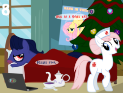 Size: 1024x768 | Tagged: safe, artist:bronybyexception, fluttershy, nurse redheart, oc, oc:cobalt quill, pony, g4, advent calendar, bed, bloodshot eyes, christmas, christmas tree, cold, computer, hang in there, hanging, holiday, laptop computer, malpractice, mucous, mucus, ponyville hospital, poster, pun, red nosed, sick, snot, tree