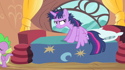 Size: 1280x720 | Tagged: safe, screencap, spike, twilight sparkle, alicorn, dragon, pony, g4, inspiration manifestation, bed, cute, golden oaks library, messy mane, messy tail, tired, twilight sparkle (alicorn)