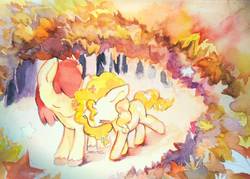 Size: 1510x1080 | Tagged: safe, artist:milarvozmido, bright mac, pear butter, earth pony, pony, g4, autumn, eyes closed, female, leaves, male, mare, ship:brightbutter, shipping, stallion, straight, traditional art, watercolor painting