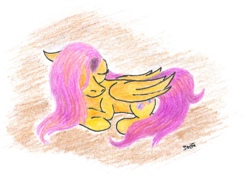 Size: 1377x990 | Tagged: safe, artist:pony-from-everfree, fluttershy, pegasus, pony, g4, eyes closed, female, folded wings, hair over one eye, mare, prone, sleeping, solo, traditional art