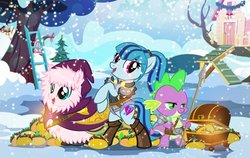 Size: 900x569 | Tagged: safe, artist:pixelkitties, sonata dusk, spike, oc, oc:fluffle puff, dragon, earth pony, pony, g4, armor, chest, clothes, clubhouse, coat, crusaders clubhouse, dungeons and dragons, equestria girls ponified, female, food, hearth's warming eve, holiday, ladder, male, mare, ponified, roleplaying, smiling, snow, spear, taco, that pony sure does love tacos, treasure chest, weapon, winter