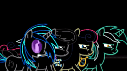 Size: 640x360 | Tagged: safe, artist:spaceoddpony, bon bon, dj pon-3, lyra heartstrings, octavia melody, sweetie drops, vinyl scratch, earth pony, pony, unicorn, g4, animated, black background, bowtie, female, gif, mare, neon, running, simple background, smiling