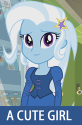 Size: 792x1208 | Tagged: safe, edit, screencap, trixie, equestria girls, g4, my little pony equestria girls, barrette, captain obvious, clothes, cute, diatrixes, dress, female, image macro, inverted mouth, meme, smiling, solo, trixie is cute, truth