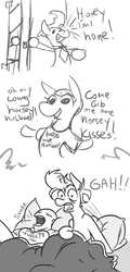 Size: 625x1297 | Tagged: safe, artist:jargon scott, oc, oc only, oc:horsey husband, oc:human wifey, earth pony, human, pony, bed, bed mane, bipedal, catapult nightmare, comic, dialogue, dream, female, grayscale, male, mare, monochrome, nightmare, ponified, sleeping, snoring, stallion