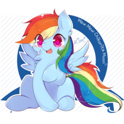Size: 1000x1000 | Tagged: safe, artist:chikoritamoon, rainbow dash, pony, g4, blushing, chest fluff, chubby, cute, dashabetes, female, mare, open mouth, raised hoof, simple background, sitting, smiling, solo, spread wings, white background, wings