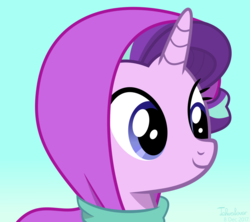 Size: 1000x886 | Tagged: safe, artist:tehwatever, starlight glimmer, pony, unicorn, g4, bust, clothes, cute, female, glimmerbetes, gradient background, headscarf, mare, portrait, scarf, signature, smiling, solo