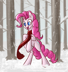 Size: 2680x2816 | Tagged: dead source, safe, artist:akweer, pinkie pie, earth pony, pony, g4, clothes, female, forest, happy, high res, mare, open mouth, rearing, scarf, smiling, snow, snowfall, solo, tree, winter