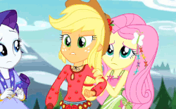 Size: 540x334 | Tagged: safe, screencap, applejack, fluttershy, rarity, equestria girls, g4, my little pony equestria girls: legend of everfree, animated, arm grab, bare shoulders, camp fashion show outfit, female, sleeveless