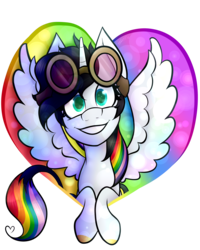 Size: 4000x5000 | Tagged: safe, artist:cosmicchrissy, oc, oc only, oc:lightning bliss, alicorn, pony, alicorn oc, female, goggles, grin, heart, mare, rainbow hair, simple background, smiling, solo, spread wings, transparent background, wings