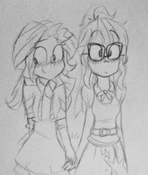 Size: 543x639 | Tagged: safe, artist:rozzertrask, sci-twi, sunset shimmer, twilight sparkle, equestria girls, g4, blushing, clothes, cute, duo, female, glasses, grayscale, holding hands, lesbian, looking away, monochrome, ship:sci-twishimmer, ship:sunsetsparkle, shipping, sketch, smiling, traditional art