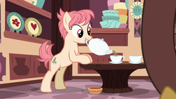 Size: 1280x720 | Tagged: safe, screencap, discord, raspberry vinaigrette, draconequus, earth pony, pony, discordant harmony, g4, bipedal, bipedal leaning, cup, duo, female, leaning, male, mare, mouth hold, offscreen character, teacup, teapot