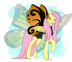 Size: 1399x1194 | Tagged: dead source, safe, artist:ggchristian, fluttershy, butterfly, monarch butterfly, pony, g4, animal costume, butterfly costume, clothes, costume, female, flutterfly, folded wings, lidded eyes, mare, monarch butterfly costume, solo