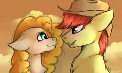 Size: 2500x1500 | Tagged: dead source, safe, artist:racheldantes, bright mac, pear butter, earth pony, pony, g4, blushing, bust, chest fluff, cowboy hat, eye contact, female, freckles, hat, husband and wife, looking at each other, male, mare, married couple, ship:brightbutter, shipping, smiling, stallion, stetson, straight
