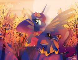 Size: 800x618 | Tagged: safe, artist:ii-art, princess luna, alicorn, pony, g4, autumn, female, flying, hoof shoes, jewelry, leaves, mare, nature, necklace, solo, spread wings, tree, wings