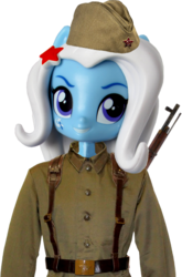 Size: 489x739 | Tagged: safe, artist:whatthehell!?, edit, trixie, equestria girls, g4, clothes, doll, equestria girls minis, gun, hat, irl, jacket, outfit, photo, rifle, simple background, soviet, stars, toy, transparent background, weapon