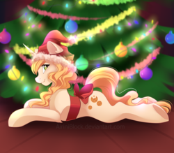 Size: 2539x2222 | Tagged: safe, artist:airiniblock, sweet biscuit, pony, unicorn, rcf community, g4, adorabiscuit, christmas, christmas tree, commission, cute, female, hat, high res, holiday, mare, prone, santa hat, smiling, solo, tree, ych result