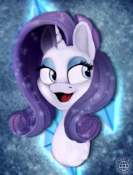 Size: 1600x2108 | Tagged: safe, artist:grayworldcorporation, rarity, pony, unicorn, g4, blurry, bust, cutie mark, face, female, mare, open mouth, portrait, smiling, solo