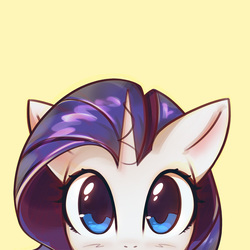 Size: 1000x1000 | Tagged: dead source, safe, artist:mirroredsea, part of a set, rarity, pony, unicorn, blushing, cute, female, looking at you, mare, peeking, raribetes, simple background, solo, yellow background