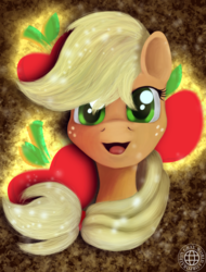 Size: 1600x2108 | Tagged: safe, artist:grayworldcorporation, applejack, earth pony, pony, g4, blurry, bust, cutie mark, cutie mark background, face, female, looking at you, mare, open mouth, portrait, smiling, solo