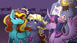 Size: 1920x1080 | Tagged: safe, artist:monnarcha, iron will, star tracker, twilight sparkle, oc, oc:ilovekimpossiblealot, alicorn, minotaur, pegasus, pony, g4, once upon a zeppelin, female, grin, male, mare, nose piercing, nose ring, piercing, septum piercing, smiling, stallion, twilight sparkle (alicorn)
