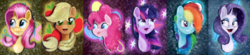 Size: 1920x422 | Tagged: safe, artist:grayworldcorporation, applejack, fluttershy, pinkie pie, rainbow dash, rarity, twilight sparkle, earth pony, pegasus, pony, unicorn, g4, blurry, bust, cutie mark, face, female, mane six, mare, open mouth, portrait, smiling, tongue out