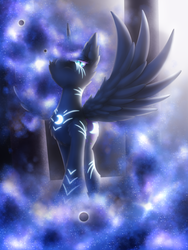 Size: 1875x2500 | Tagged: safe, artist:shad0w-galaxy, nightmare moon, alicorn, pony, g4, alternate design, chest fluff, ethereal mane, female, galaxy mane, looking at you, mare, solo, spread wings, wings