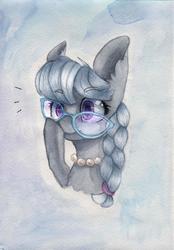 Size: 900x1295 | Tagged: safe, artist:rinioshi, silver spoon, earth pony, pony, g4, braid, bust, ear fluff, female, filly, glasses, jewelry, necklace, portrait, solo, traditional art