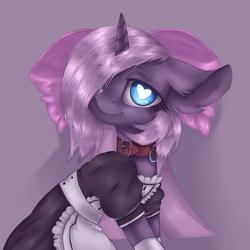 Size: 2000x2000 | Tagged: safe, artist:rinioshi, artist:wopphank, oc, oc only, oc:amelie ross, pony, unicorn, bow, clothes, collar, ear fluff, female, hair bow, heart eyes, high res, maid, mare, simple background, solo, wingding eyes