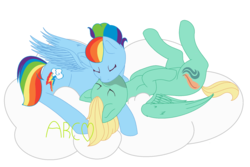 Size: 1872x1252 | Tagged: safe, artist:amellia-rose, rainbow dash, zephyr breeze, g4, alternate hairstyle, cloud, cute, eyes closed, female, kissing, male, mare, on a cloud, on back, prone, ship:zephdash, shipping, stallion, straight, upside down