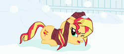Size: 1600x706 | Tagged: safe, artist:thomaszoey3000, sunset shimmer, pony, unicorn, g4, ducking, female, mare, not fiery shimmer, open mouth, snow, snowball, solo