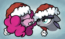 Size: 900x540 | Tagged: safe, artist:masserey, maud pie, pinkie pie, earth pony, pony, g4, bust, christmas, cute, diapinkes, duo, eyes closed, eyeshadow, female, hat, holiday, makeup, mare, maudabetes, mouth hold, one eye closed, portrait, profile, santa hat, siblings, sisters, smiling