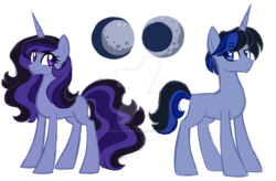 Size: 1024x671 | Tagged: safe, artist:azure-art-wave, oc, oc only, oc:andromeda, oc:orion, pony, unicorn, duo, female, male, mare, next generation, offspring, parent:good king sombra, parent:king sombra, parent:princess luna, parents:lumbra, reference sheet, simple background, stallion, transparent background, watermark