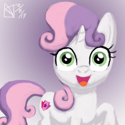 Size: 1500x1500 | Tagged: safe, artist:kelseyleah, sweetie belle, pony, unicorn, g4, creepy, cutie mark, female, filly, gradient background, looking at you, open mouth, raised hoof, signature, solo, staring into the abyss, the cmc's cutie marks, thousand yard stare, unsettling as fuck