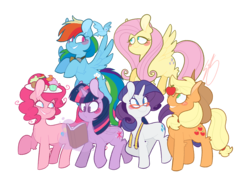 Size: 2100x1500 | Tagged: safe, artist:sketchyemi, applejack, fluttershy, pinkie pie, rainbow dash, rarity, twilight sparkle, alicorn, bird, pony, g4, apple, book, cupcake, food, glasses, mane six, measuring tape, simple background, transparent background, twilight sparkle (alicorn)