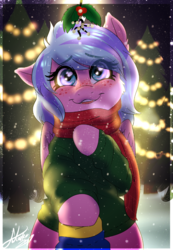 Size: 637x923 | Tagged: safe, artist:fatcakes, oc, oc only, pegasus, pony, blushing, christmas, christmas tree, clothes, cute, female, freckles, heart eyes, holding hooves, holiday, holly, looking at you, mare, mistletoe, offscreen character, pegasus oc, pov, scarf, signature, snow, sweater, tree, wingding eyes, wings, ych result
