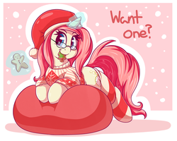 Size: 3500x2800 | Tagged: safe, artist:graphene, oc, oc only, oc:rose pendant, pony, unicorn, beanbag chair, christmas, clothes, dialogue, female, gingerbread man, glasses, glowing horn, hat, high res, holiday, horn, levitation, magic, mare, mouth hold, santa hat, smiling, socks, solo, striped socks, sweater, telekinesis