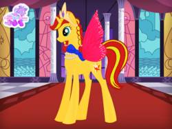 Size: 640x480 | Tagged: safe, artist:user15432, sunset shimmer, fairy, fairy pony, pony, unicorn, g4, bow, crown, fairy princess, fairy wings, gamekidgame, hasbro, hasbro studios, jewelry, necklace, pink wings, race swap, regalia, shimmercorn, solo, wings