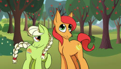 Size: 3780x2155 | Tagged: safe, artist:123nic, granny smith, oc, oc:golden russet, earth pony, pony, g4, apple tree, high res, male, stallion, sweet apple acres, tree, young granny smith, younger