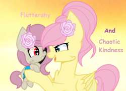 Size: 1280x927 | Tagged: safe, artist:rose-moonlightowo, fluttershy, oc, oc:chaotic kindness, hybrid, pony, g4, alternate hairstyle, baby, baby pony, base used, female, flower, flower in hair, heart eyes, holding a pony, interspecies offspring, mother and daughter, offspring, parent:discord, parent:fluttershy, parents:discoshy, wingding eyes
