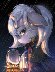 Size: 2550x3300 | Tagged: safe, artist:alts-art, oc, oc only, oc:chamber wisp, pony, unicorn, clothes, female, high res, lantern, mare, rain, solo, wet