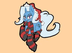 Size: 3181x2336 | Tagged: safe, artist:flan, trixie, pony, unicorn, g4, christmas, clothes, female, hat, high res, holiday, mare, missing accessory, raspberry, santa hat, scarf, simple background, socks, solo, striped socks, tongue out