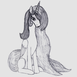 Size: 3000x3000 | Tagged: safe, artist:3luk, oc, oc only, oc:nyx, alicorn, pony, female, high res, mare, monochrome, older, sitting, solo, traditional art