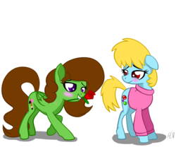 Size: 1200x1000 | Tagged: safe, artist:chelseawest, oc, oc only, oc:painted petal, oc:ruby jewel, earth pony, pegasus, pony, blushing, clothes, female, floppy ears, flower, flower in mouth, lesbian, mare, mouth hold, oc x oc, rose, rose in mouth, shipping, simple background, sweater, transparent background