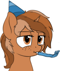 Size: 1888x2262 | Tagged: safe, artist:zippysqrl, oc, oc only, oc:sign, pony, unicorn, bust, female, freckles, frown, hat, mare, party hat, party horn, simple background, solo, transparent background