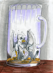 Size: 1089x1500 | Tagged: safe, artist:spaceweasel2306, oc, oc only, oc:der, griffon, alcohol, beer, drink, drunk, glass, male, micro, solo