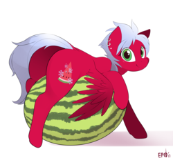 Size: 4000x3656 | Tagged: safe, artist:b-epon, oc, oc only, oc:melon frost, pegasus, pony, butt, cute, ear piercing, earring, female, food, jewelry, looking at you, mare, melon, piercing, plot, simple background, smiling, solo, watermelon, white background
