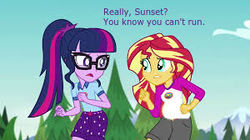 Size: 300x168 | Tagged: safe, edit, edited screencap, screencap, sci-twi, sunset shimmer, twilight sparkle, comic:a new change, equestria girls, g4, my little pony equestria girls: legend of everfree, camp everfree outfits, clothes, glasses, open mouth, picture for breezies, pregnant, pregnant edit, shorts, teen pregnancy